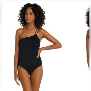 Island Goddess Lace Back One Shoulder One Piece - Black D8